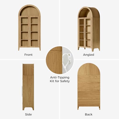 TRUNBACK 63" Arched Display Cabinet with Glass Doors, 5-Tier Curio Cabinet for Living Room, Adjustable Shelves for Dining Room & Home Office, Oak TRUNBACK