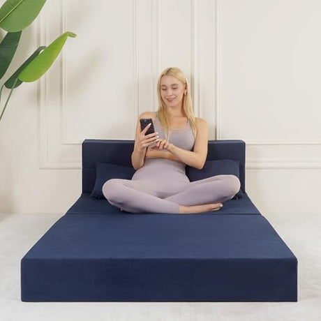 Fvkind Folding Sofa Bed, 4 in 1 Convertible Sleeper Sofa Bed Chair with Pillow, Twin Memory Foam Loveseat Futon Sleeper Chair, Foldable Futon Couch for Living Room, Bedroom, Guest Room, Blue Fvkind