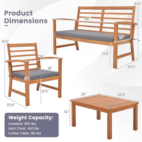 Tangkula 4 Pieces Outdoor Furniture Set, Acacia Wood Conversation Set w/Soft Seat Cushions, Stable Acacia Wood Frame, Patio Sofa & Coffee Table Set for Backyard, Porch, Poolside (Grey) - WoodArtSupply