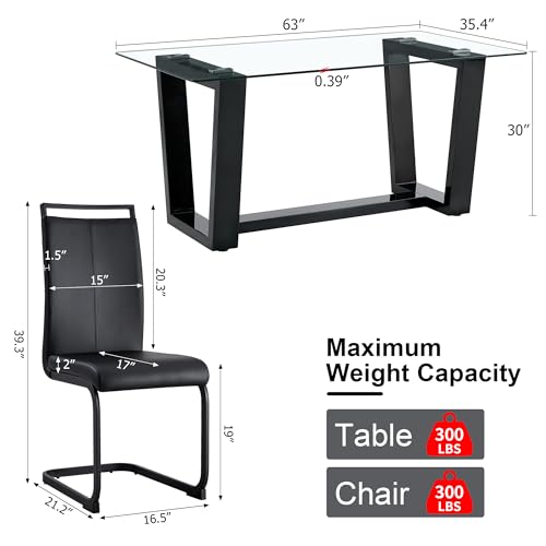 Ebullient Glass Dining Table Set for 6, Modern Dining Table Set for 6, Tempered Glass Tabletop with Black MDF Trapezoid Legs, Rectangle Kitchen Table with 6 Faux Leather Chairs for Home, Apartment Ebullient