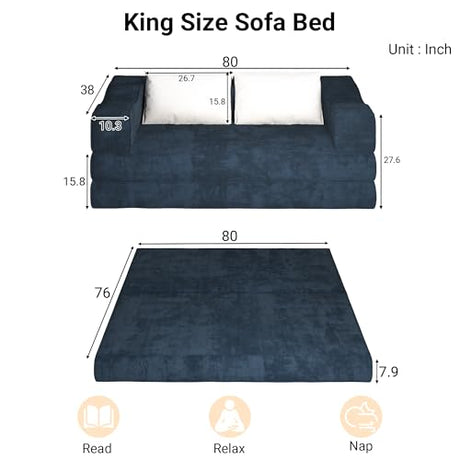 MAKIAAP 80" Foldable Chenille Futon Sofa Bed, 4-in-1 Convertible Couch with 2 Pillows, King-Size Floor Lounger for Living Room, Guest Room, Dorm - No Assembly (Blue, 80in) MAKIAAP