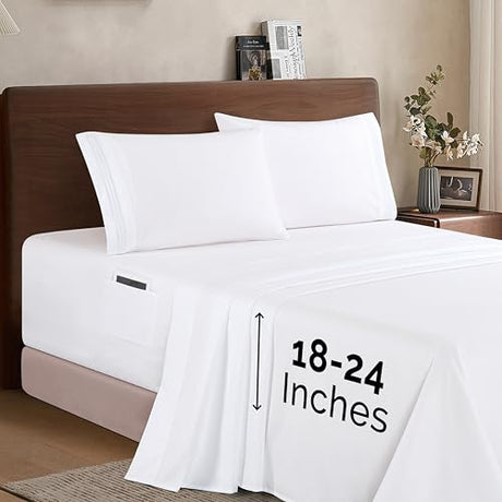 Elegant Comfort Luxury 1500 Premium Hotel Quality Microfiber 4-Piece Sheet Set - Soft, All Around Elastic 18-24 Inches Deep Fitted Sheet - Extra Deep Pocket Sheets, King, White Elegant Comfort