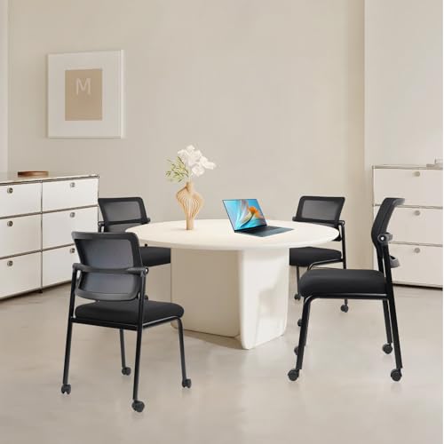CLATINA Stacking Armless Office Waiting Room Chair with Wheels, Stackable Mesh Guest Reception Desk Chairs with Adjustable Backrest for Conference Lobby Side School, Black, 4 Pack CLATINA
