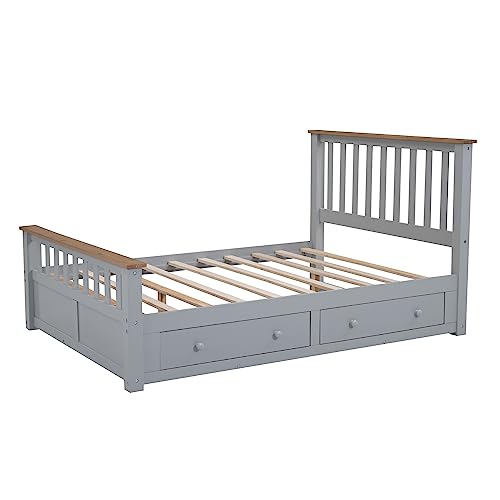 Harper & Bright Designs Full Bed with 2 Storage Drawers, Solid Wood Full Size Platform Bed with Headboard and Footboard, Full Size Bed Frame for