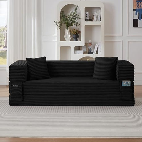 KEIKI 78" Futon Folding Sofa Bed, 4-in-1 Boneless Couches for Living Room, Oversized Comfort Corduroy Upholstered Sleeper Pull Out Bed for Small Space Bedroom Lounge, Removable Armrests, Black KEIKI