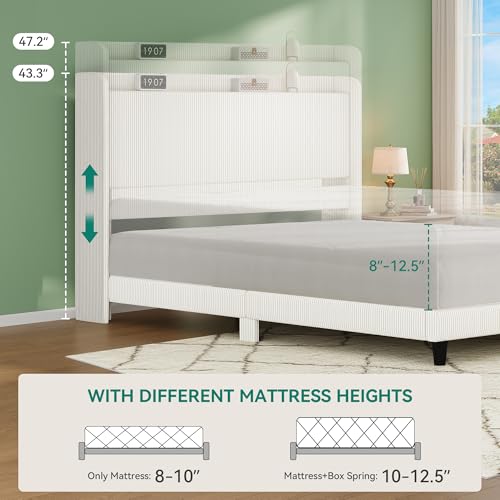 YITAHOME Queen Bed Frame with Adjustable Corduroy Wingback Headboard 43.3"-47.2", Upholstered Platform Bed, Solid Wood Slat Support, No Box Spring Needed,Beige Cream YITAHOME