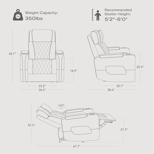 Watson & Whitely Genuine Leather Power Recliner Chair with Power Headrest, Lay Flat Home Theater Recliner with LED Lighting, Massage & Heat, Arm Storage & Cup Holders for Living Room, Brown