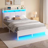 Rolanstar Bed Frame Full Size with Charging Station and LED Lights, Upholstered Headboard with Storage Shelves, Heavy Duty Metal Slats, No Box Spring Need, Noise Free, Easy Assembly, White Rolanstar