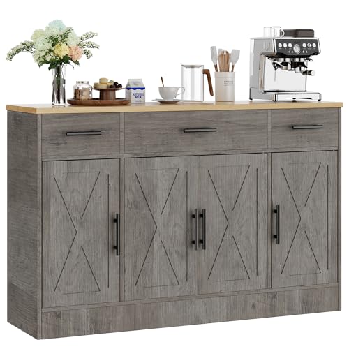 Shintenchi Buffet Cabinet with Storage,53.4" Large Kitchen Storage Cabinet with 3 Drawers and 4 Doors,Wood Farmhouse Buffet Sideboard with Adjustable Shelf for Kitchen Living Room, Gray Shintenchi