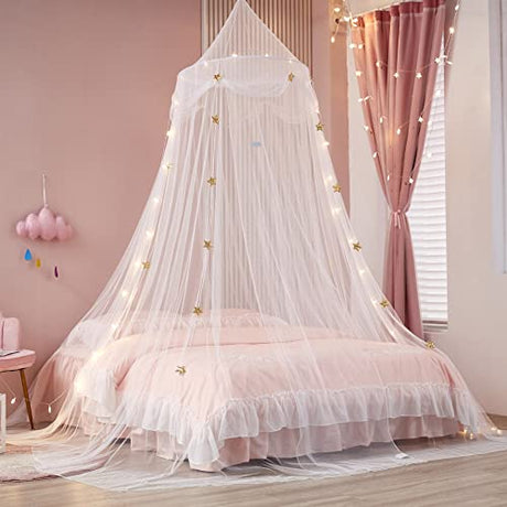 Nattey Bed Canopy with Lights for Girls,Gold Star Princess Crib Canopy Curtains,Extra Large Dome Mosquito Net Reading Nook Canopy for Kids Boys Twin Full Queen Size Bed,Fire Retardant Fabric Nattey