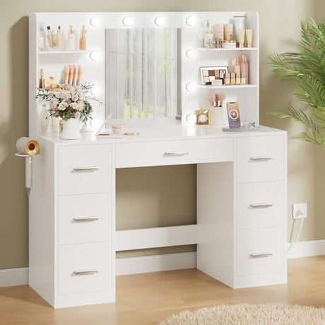 Acurax Makeup Vanity Desk with Mirror and 10 Lights, Table with 7 Drawers and 4 Open Shelves, 3 Color Modes and Adjustable Brightness, Charging Station for Bedroom, White Acurax