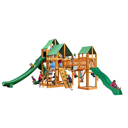 Gorilla Playsets 01-1034-AP-1 Treasure Trove II Wood Swing Set with Green Vinyl Canopy, Clatter Bridge, and 3 Slides, Amber