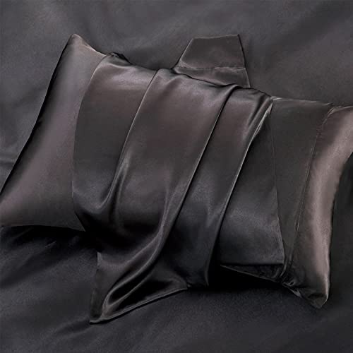 P Pothuiny 6 Pieces Full Satin Sheets Luxury Silky Black Satin Bedding Sheet Set, 1 Deep Pocket Fitted Sheet + 1 Flat Sheet + 4 Pillow Cases P Pothuiny