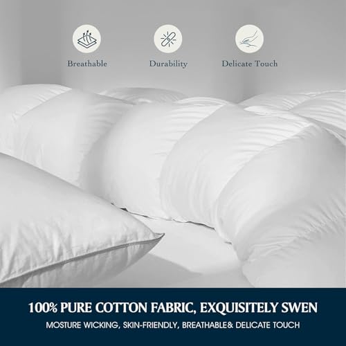 Serta Goose Feather Down Fiber Cotton Comforter Twin Size - 100% Cotton Duvet Insert - Hotel Luxury Hypoallergenic Bedding Comforter Light Warmth 68 x 90 Inch White Serta