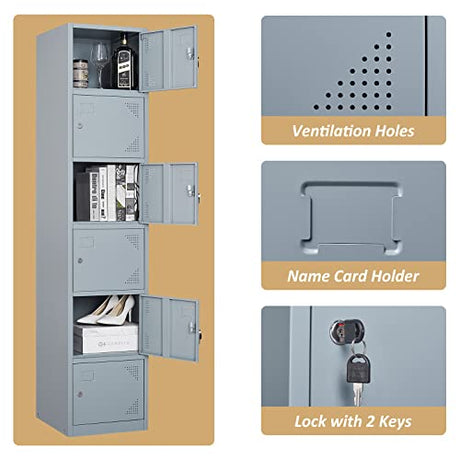 SISESOL Metal Locker Storage Cabinet with Doors and Shelves Metal Lockers with 6 Doors,71" Lockable Small Locker Storage Cabinet for Employees,School, Office, Home, Gym (Gray) SISESOL