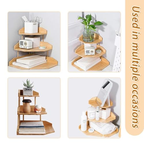 HYNAWIN Bamboo Corner Desk Organizer Shelf, 3-Tier Triangle Storage Rack for Office & Home, Space-Saving Desktop Shelf for Books, Stationery, Makeup, Small Items HYNAWIN