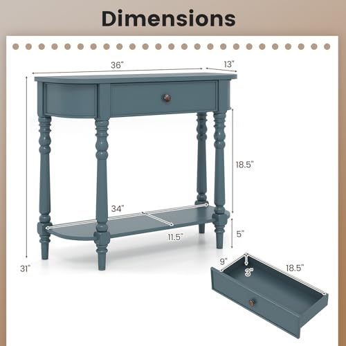 Giantex 2-Tier Console Table, 36" Retro Entryway Table with Storage Drawer & Elegant Legs, Narrow Wooden Sofa Table with Open Shelf for Living Room, Foyer, Hallway, Bedroom, Entrance (Blue) Giantex