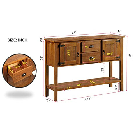 LKTART Farmhouse Wood Console Table with 2 Drawers and 1 Bottom Shelf， Storage Sideboard with 2 Cabinets Buffet Cabinet for Living Room Kitchen and LKTART