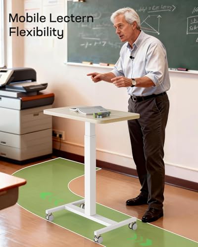 Marsail Mobile Standing Desk, Wider Height Adjustable Computer Desk, Rolling Sit Stand Desk with 4 Lockable Wheels, Ergonomic Desk for Home Office and Classroom, Natural Marsail