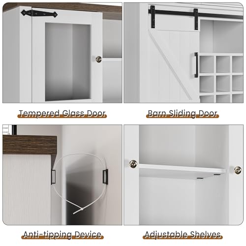 GAOMON 72" Coffee Bar Cabinet with Power Outlets and LED Lights, Sliding Barn Doors, Kitchen Buffet with Wine Storage, Modern Farmhouse, Ample Storage for Home Bar, Microwave, White GAOMON
