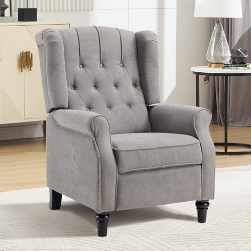 EBELLO Push Back Recliner Chair, Fabric Accent Chair Pushback Recliner with Rivet Decoration, Button-Tufted Back, Mid Century Wingback Armchair for Living Room, Bedroom, Grey