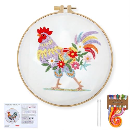 Shimmeroo Funny Animal Embroidery Kits for Beginners, Hand Embroidery Kit for Adults, Rooster Flower Pattern Cross Stitch DIY Needlepoint Kit with Hoops & Fabric