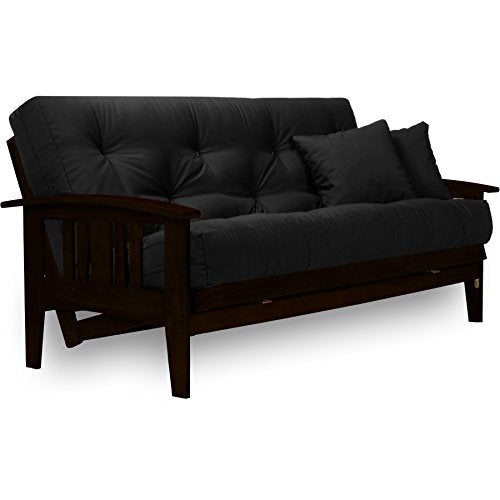 Nirvana Futons Westfield Complete Futon Set - Espresso Finish (Warm Black) – Large Queen Size, Mission Style Wood Futon Frame with Mattress Included (Twill Black), More Mattress Colors Available