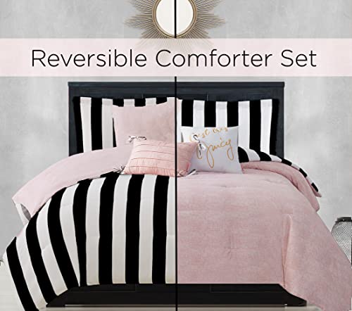 Juicy Couture Cabana Stripe Reversible Bedding Set - Queen Size - Black and White Stripe Print – 6 Piece Set – Includes 1 90" x 90" Comforter, 3 Decorative Pillows, 2 Shams Juicy Couture