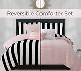 Juicy Couture Cabana Stripe Reversible Bedding Set - Queen Size - Black and White Stripe Print – 6 Piece Set – Includes 1 90" x 90" Comforter, 3 Decorative Pillows, 2 Shams Juicy Couture