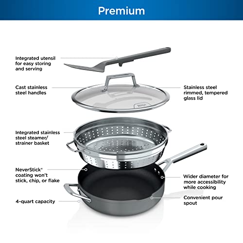 Ninja Foodi NeverStick 4 Quart Pan with Lid, Strainer, & Spatula, Oven Safe, Sea Salt Grey Ninja