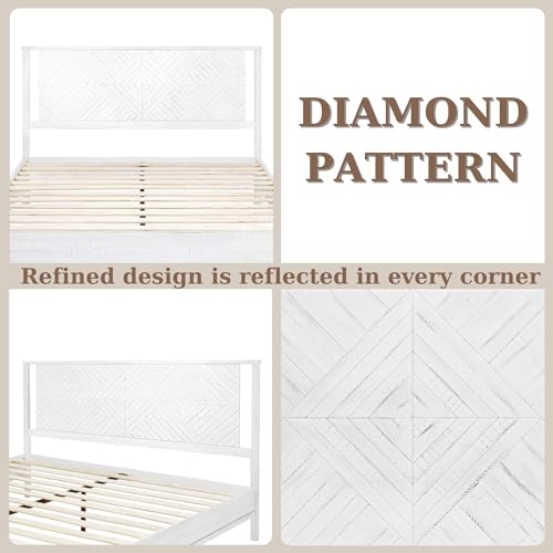 Bme Ethan Solid Wood King Bed Frame with Diamond Headboard - Rustic & Mid-Century Modern - Acacia Wood Platform Bed - Compatible with All Mattresses - No Box Spring Needed - Rustic White Bme