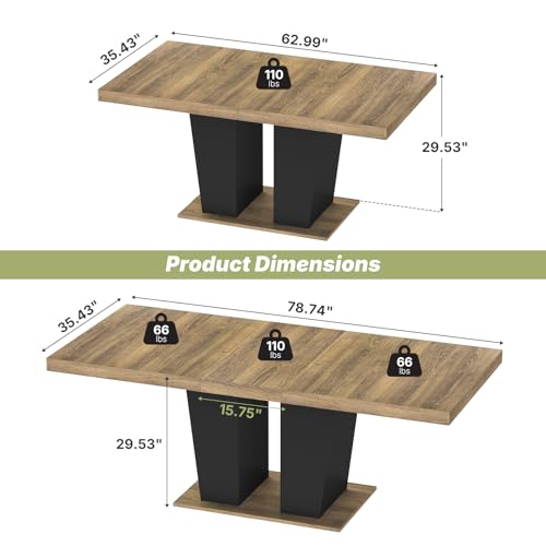 Zevemomo 63"-78.7" Expandable Dining Table, 6-10 Rectangle Table, Extendable Console Table, Wooden Farmhouse Kitchen Table with Metal Track & Dual Column Base for Living, Office-Brown Zevemomo