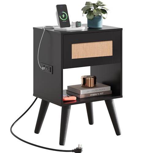 WLIVE Black Rattan Night Stand with Charger Station, Small Side Table Drawer Storage and Shelf, Mid Century Nightstands with Rattan Decor, Small Side Table for Bedroom, Black WLIVE