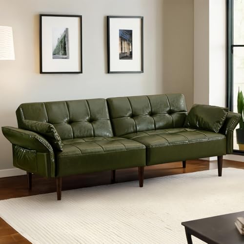 HALLYBEE Futon Sofa Bed, Sleeper Sofa, Small Couch with Storage Adjustable Armrests Pillows, Faux Leather Loveseat, Mid Century Modern Couches for Living Room, Bedroom, Apartment, Olive Green HALLYBEE