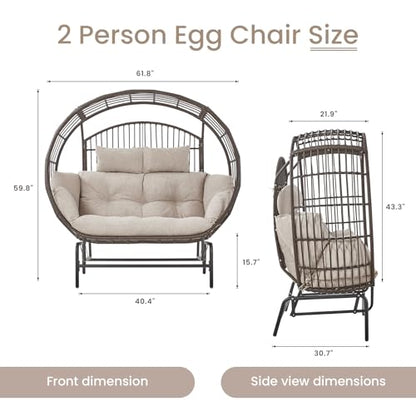 LUMIINOFAMI Outdoor Glider Egg Chair, Oversized 2 Person Egg Rocking Chair with Thick Cushions, Wicker Egg Chair Rattan Porch Furniture Loveseat Lounge Chair for Bedroom Sunroom Backyard(Brow - WoodArtSupply