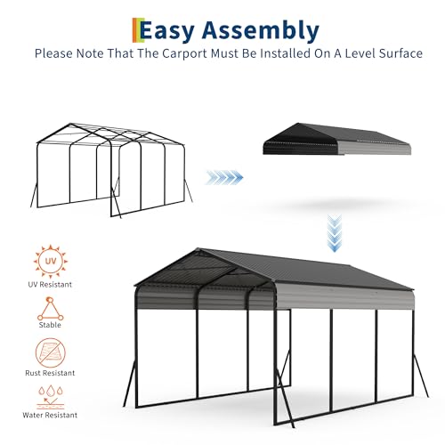 10x15 FT Metal Carport, Heavy Duty Carports Canopy with Galvanized Steel Frame & Roof, Outdoor Garage Car Port for All-Weather, Outdoor Galvanized Shelter for Car, Boats and Truck Reljofum