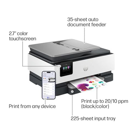 HP OfficeJet Pro 8125e Wireless All-in-One Color Inkjet Printer, Print, scan, Copy, ADF, Duplex Printing Best-for-Home Office, 3 Month Instant Ink Trial Included, AI-Enabled (405T6A) HP