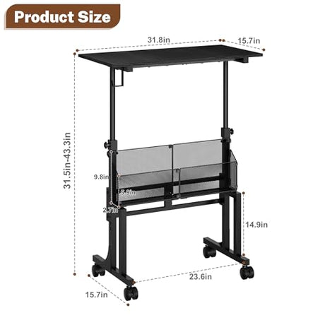 Height Adjustable Standing Desk With Storage, Small Stand Up Desk With wheels, Portable Rolling Desk for Home Office, Mobile Sit Stand Desk for Small Spaces, For Walking Pad Treadmill, Black Huxitocan