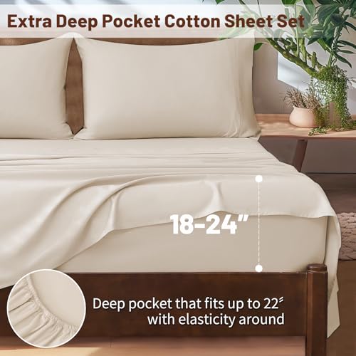 Overket Extra Deep Pocket King Sheets 18-24 Inch 100% Egyptian Cotton 1000 Thread Count Sateen Weave Soft Breathable 4 Pieces（King，Linen） Overket