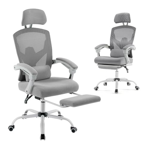 DUMOS Home Office Desk Chair with Footrest, High-Back Mesh Rolling Swivel Reclining Chairs with Wheels, Comfortable Headrest, Lumbar Support, Comfy Arms for Home, Office, Gaming, Student,Elegant Grey DUMOS