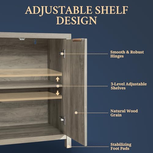 OAKHAM HOME Oxford Storage Cabinet Fluted Sideboard Buffet Cabinet with Adjustable Shelves, Modern Accent Cabinet Multifunctional Console Cabinet for Living Room, Kitchen.(Grey Oak) OAKHAM HOME