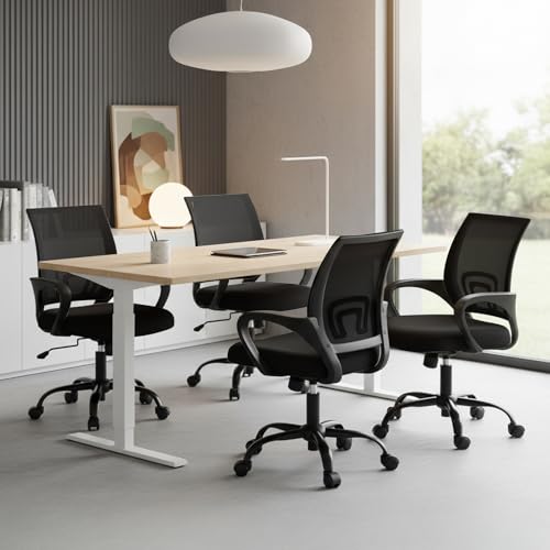 DUMOS Office Desk Chair - Ergonomic Mid Back with Lumbar Support & Rocking Mode, Height Adjustable with Fixed Armrest, Storage Back for Computer, Gaming, Conference, Meeting, 360° Swivel, Black DUMOS