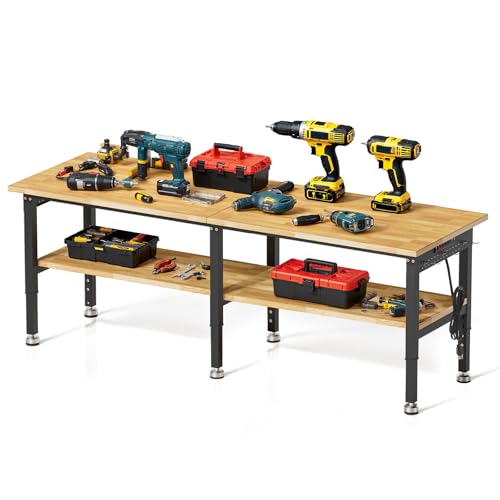 96” Adjustable Work Bench, 2-Layer Heavy Duty Workbench, 6000 LBS Capacity Workbench with Pegboard & Power Outlet, Rubber Wood Work Table for Garage, Office, Workshop, Home FIXCHIGO