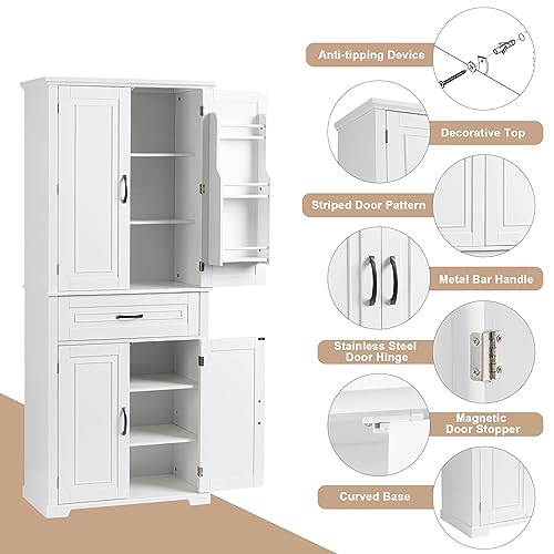 Merax Tall Storage Cabinet with Doors and Drawer, Pantry Cupboard with Rack Organizers Wide Display Shelf for Bathroom or Kitchen, White - WoodArtSupply