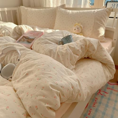 VM VOUGEMARKET Lace Duvet Cover Set Full Girls Pink Flower Bedding Set Soft Lightweight Washed Microfiber Romantic Princess Duvet Cover with Zipper Ties-80"x90" VM VOUGEMARKET