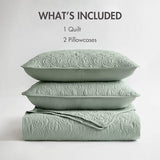 Madison Park Quebec Quilt Set - Luxurious Damask Stitching Design, Cotton Filled Lightweight Coverlet Bedspread Bedding, Shams, Full/Queen(90"x90"), Seafoam 3 Piece Madison Park