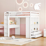 Merax White Full Size Loft Bed with Shelves, Desk, and LED Light Merax