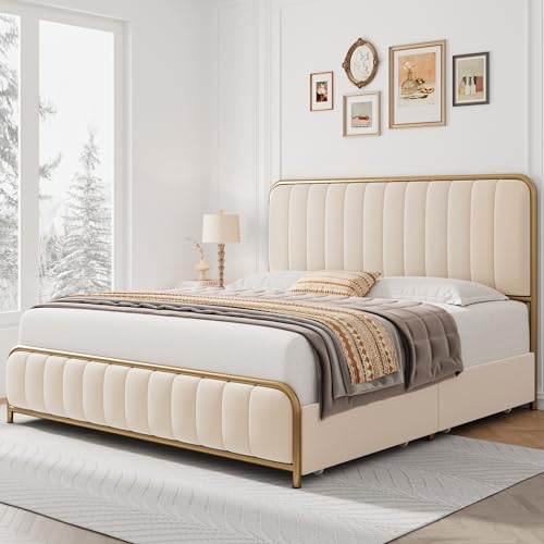 HITHOS King Size Upholstered Metal Bed Frame with 4 Storage Drawers, Golden/Off White Design - WoodArtSupply