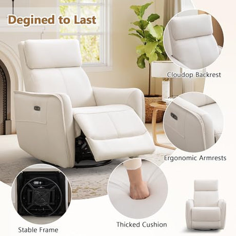 HAOMARKETS Electric Swivel Rocker Recliner Chair, Power Faux Leather Glider Rocking Recliners for Adults,360° Swivel Nursery Reclining Sofa with USB Charging Port, White HAOMARKETS