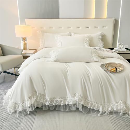 MOOWOO Chic Ruffle Lace Polyester Duvet Cover Set -Girl White Bedding-2 Piece Twin Duvet Cover with Zipper Closure -Ultra Soft and Light Weight (White,Twin) MOOWOO